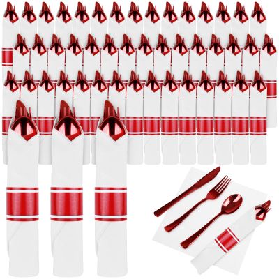 100Pack Red Pre Rolled Plastic Silverware - Wrapped Red Disposable Cutlery with Napkins, Heavy Duty Rolled Plastic Silverware Set, Disposable Utensils with Dinner Napkins for Valentine's Day
