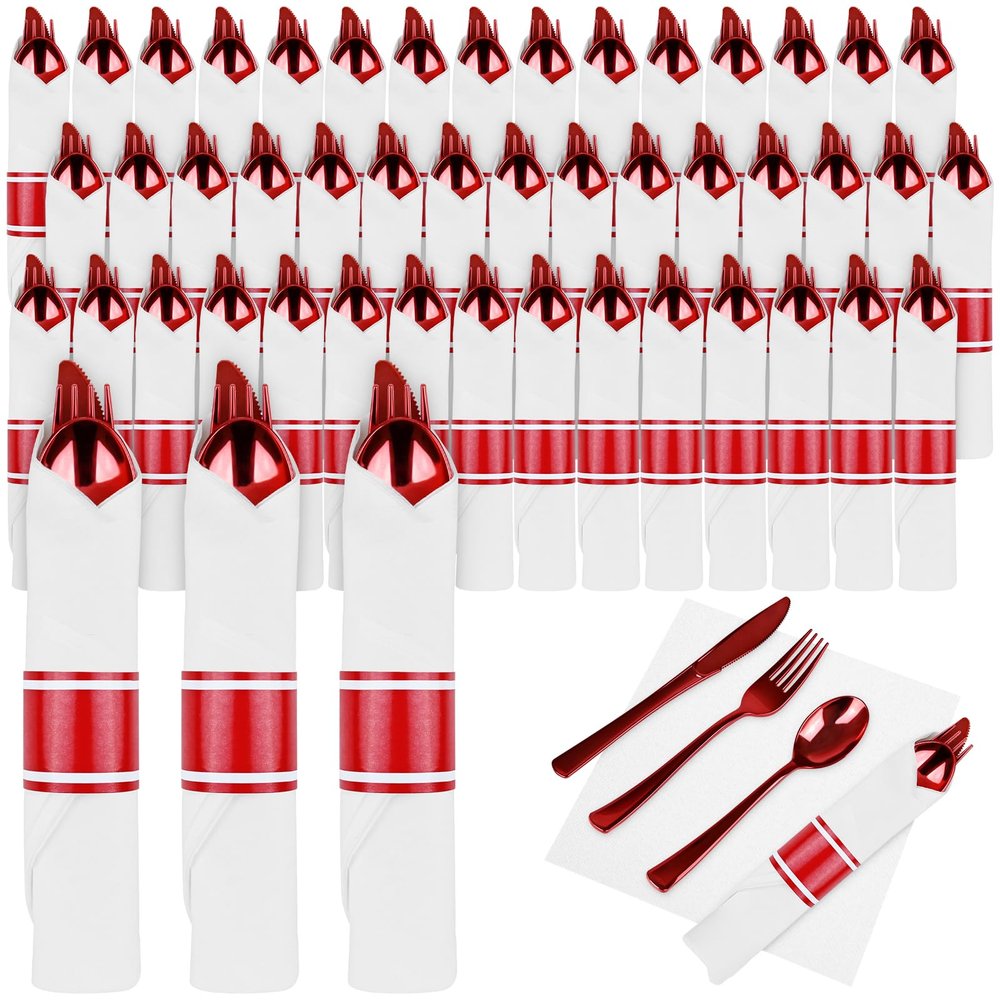 100Pack Red Pre Rolled Plastic Silverware - Wrapped Red Disposable Cutlery with Napkins, Heavy Duty Rolled Plastic Silverware Set, Disposable Utensils with Dinner Napkins for Valentine's Day