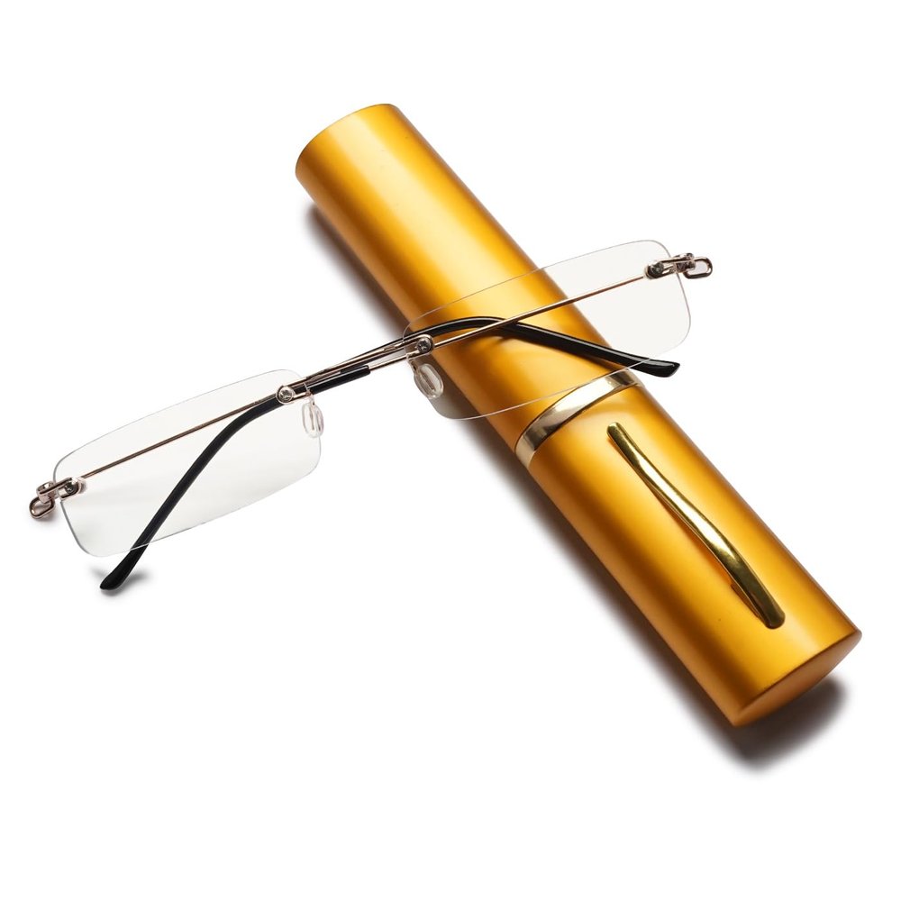 ABETOS Slim Rimless Reading Glasses Blue Light Blocking Ultra Lightweight Readers in Aluminum Case for Men Women, Gold+2.0