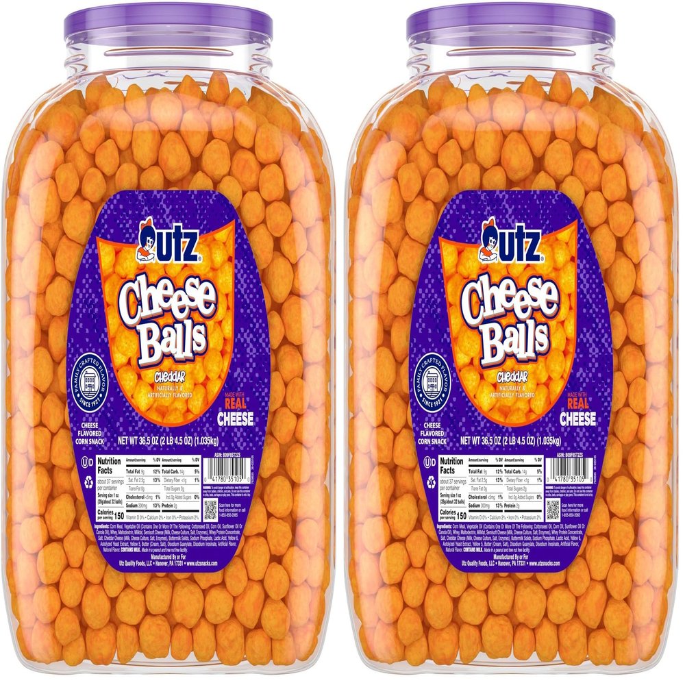 Utz Cheese Balls Barrel, Tasty Snack Baked with Real Cheddar Cheese, Delightfully Poppable Party Snack, Gluten, Cholesterol and Trans-Fat Free, Kosher Certified, 36.5 Oz (Pack of 2)