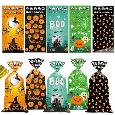 Artby7 50 Pack Halloween Cellophane Treat Bags, Cello Candy Bags with Twsit for Halloween Trick or Treat Party Supply
