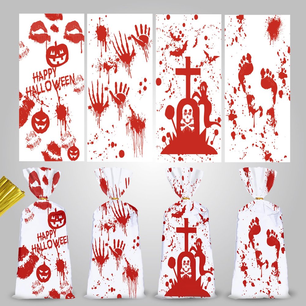 Artby7 Halloween Cellophane Treat Candy Bags - 50 Piece Goodie Snack Sweet Bags with Twist Ties for Trick or Treat Party Supply