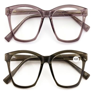 V.W.E. 2 Pairs Women Large Translucent Optical Frame Reading Glasses - Clear Lens Fashion Reader ZT104 (Purple Grey, 1.50, x)