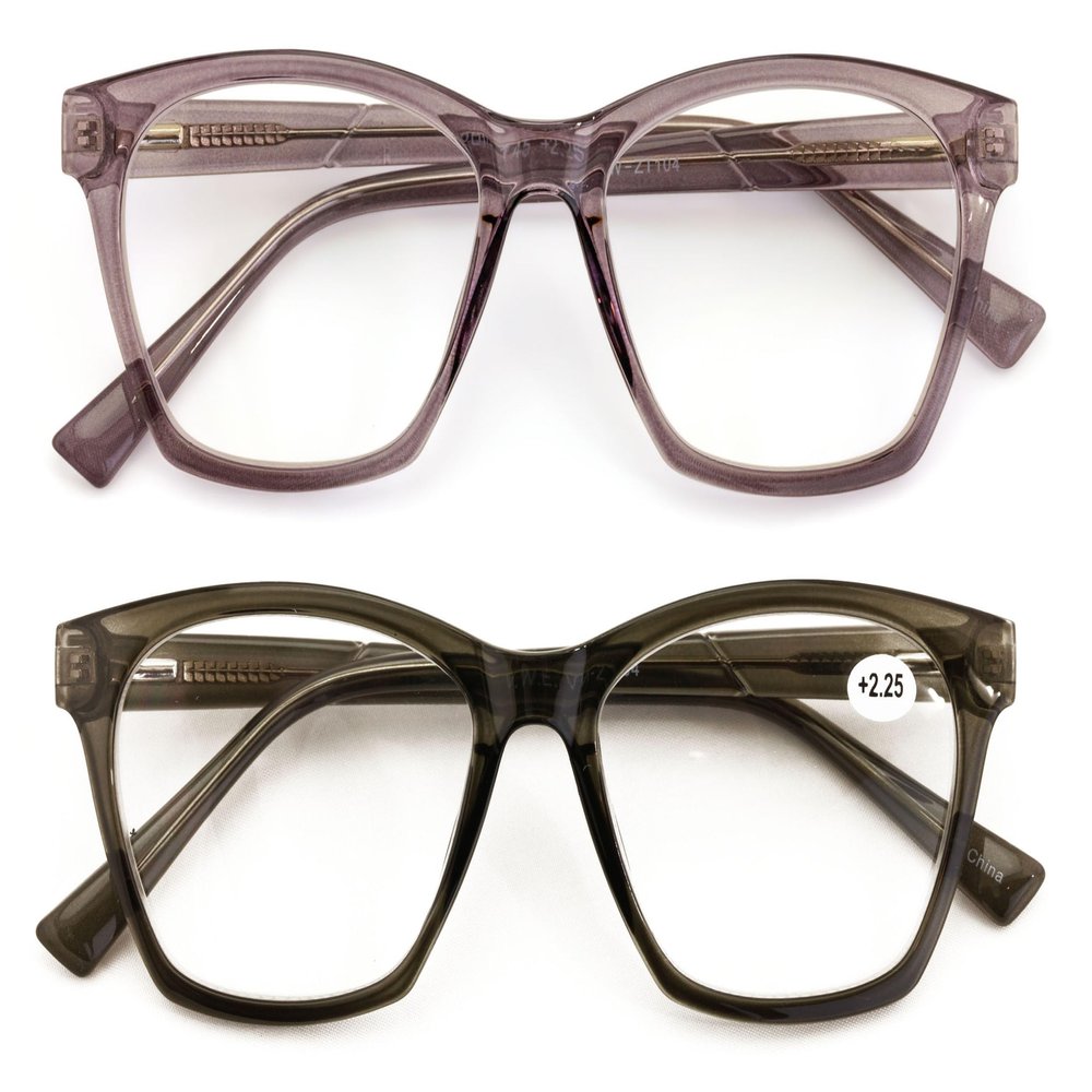 V.W.E. 2 Pairs Women Large Translucent Optical Frame Reading Glasses - Clear Lens Fashion Reader ZT104 (Purple Grey, 1.50, x)