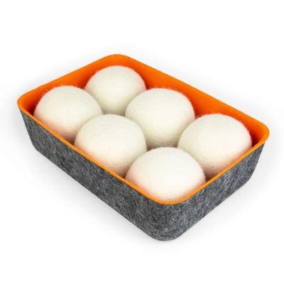 Three by Three Seattle FeltLikeit! Wool Dryer Balls + Storage Bin: Reduce Drying Time, Static Cling, and Energy Use | Natural Alternative to Fabric Softeners (Pack of 6)