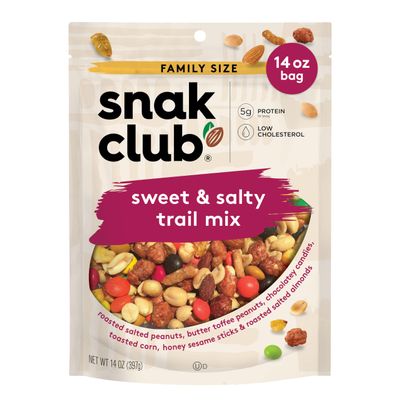 Snak Club Sweet and Salty Trail Mix with Peanuts, Butter Toffee Peanuts, Chocolatey Candies, Toasted Corn, Honey Sesame Sticks, and Almonds, Kosher Snack, 14 oz Resealable Bag