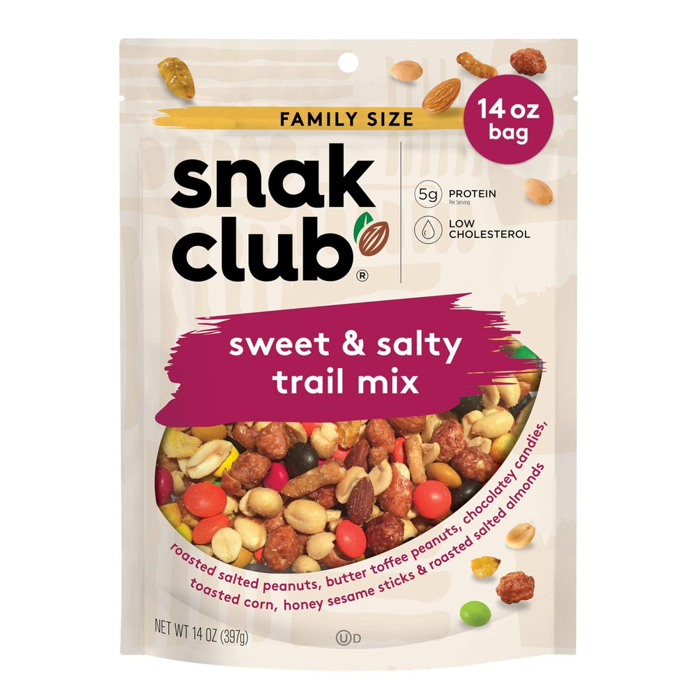Snak Club Sweet and Salty Trail Mix with Peanuts, Butter Toffee Peanuts, Chocolatey Candies, Toasted Corn, Honey Sesame Sticks, and Almonds, Kosher Snack, 14 oz Resealable Bag