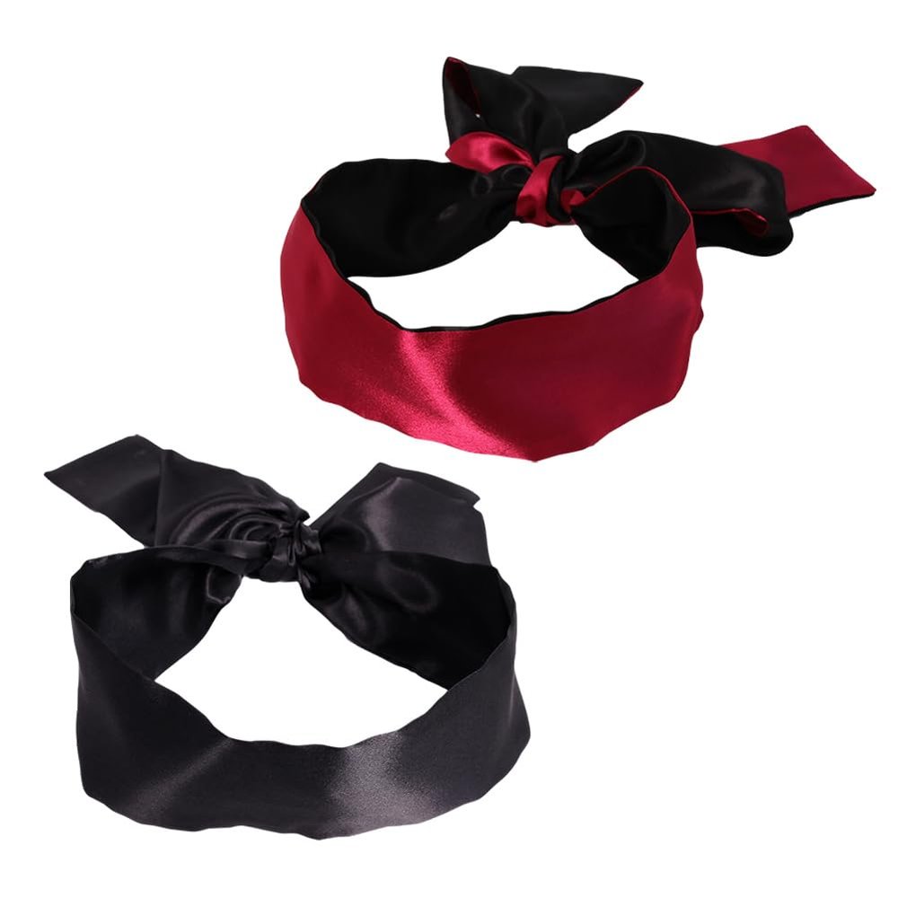 2 Pcs Long Sleeping Eye Masks Adjustable Soft Blindfolds Satin Eye Sleeping Covers Blackout Sleep Eye Masks Travel Sleep Blindfolds for Adult Wine Red Black