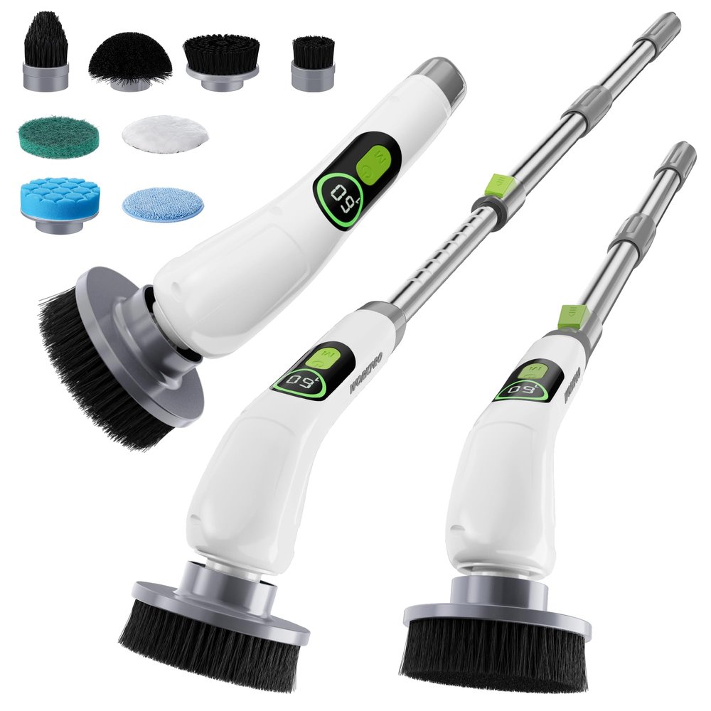 WORKPRO Electric Spin Scrubber, Cordless Cleaning Brush, 3-Speed, Long Adjustable Handle & 8 Replaceable Brush Heads, Waterproof Scrubber for Bathroom, Kitchen, Bathtub, and Floor, for Women