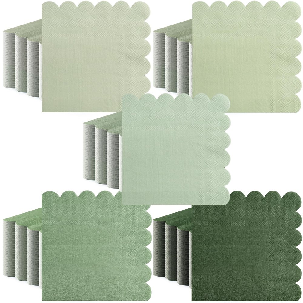 200 Pieces Cocktail Napkin, Sublaga 2-Ply Scalloped Edged Dessert Napkins Folded 5 x 5 Inches Disposable Gradient Color Paper Napkins for Dinner Wedding Birthday Baby Shower Party, Green