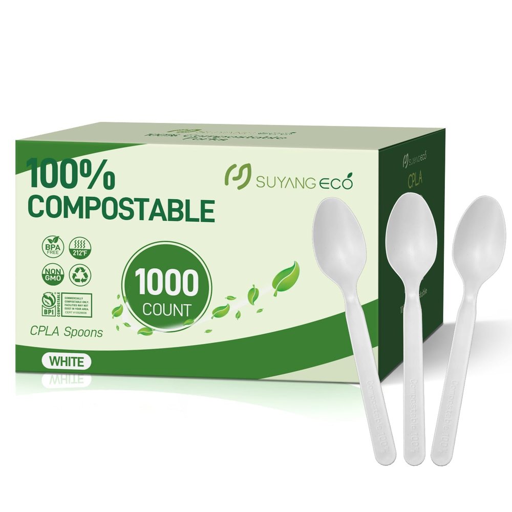 [1000 Count] Compostable Spoons Disposable Spoon Bulk Biodegradable Silverware Bulk Compostable No Plastic Utensils Heavy Duty Disposable Silverware Heat Resistant Cutlery for Party Daily Serving