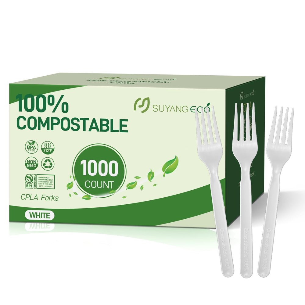 [1000 Count] Compostable Forks Disposable Forks Bulk Biodegradable Silverware Bulk Compostable No Plastic Utensils Heavy Duty Disposable Silverware Heat Resistant Cutlery for Party Daily Serving
