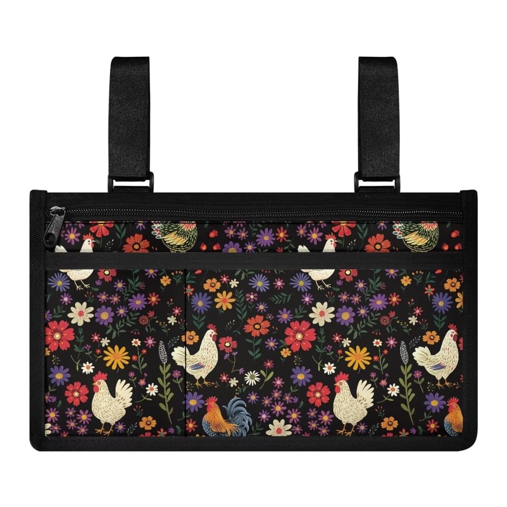 Rnyleeg Floral Chicken Rooster Wheelchair Side Hanging Bag,Armrest Storage Pouch Organizer to Hang on Side,for Walkers,Rollators,Scooters,Men and Women