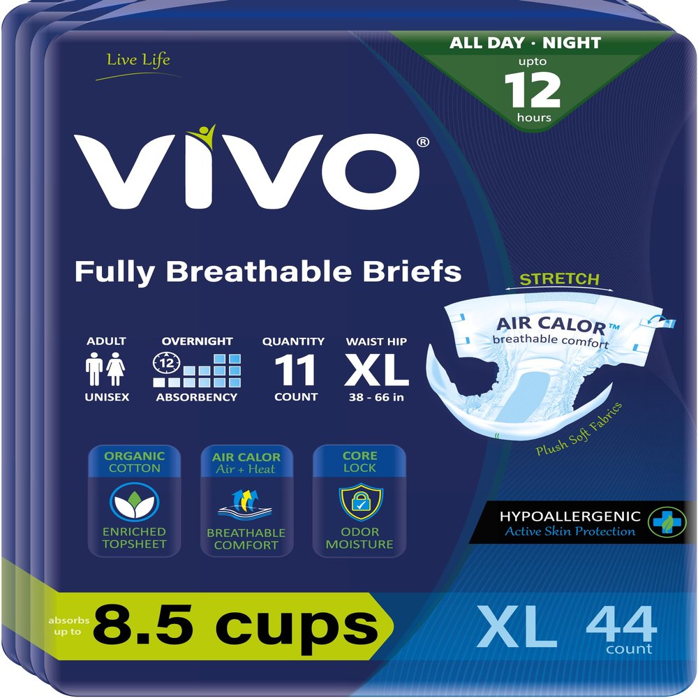 VIVO Organic Cotton Overnight Sensitive Skin Adult Incontinence Diaper Briefs with Tabs, X-Large 44 Count