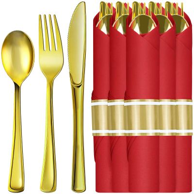 Pre Rolled Gold Plastic Silverware with Napkins, 30Pack Red Wrapped Cutlery with Napkin, Heavy Duty Red Prerolled Plastic Silverware, Rolled Cutlery with Christmas Napkins for Holiday