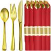 Pre Rolled Gold Plastic Silverware with Napkins, 30Pack Red Wrapped Cutlery with Napkin, Heavy Duty Red Prerolled Plastic Silverware, Rolled Cutlery with Christmas Napkins for Holiday view 1