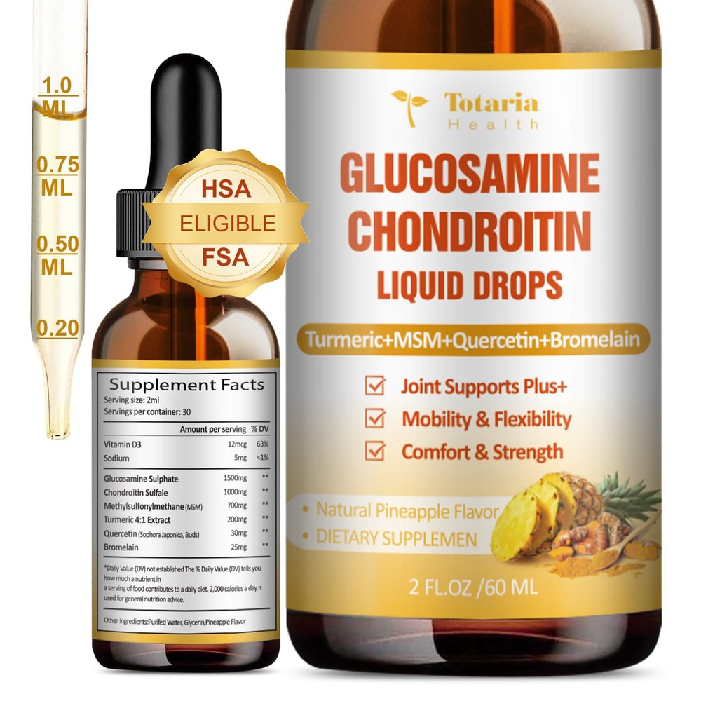 Glucosamine Chondroitin MSM Liquid Drops FSA-HSA - Joint Support Supplement for Mobility, Flexibility & Bones Chondroitin Sulfate Supplement Turmeric, Quercetin, Bromelain, MSM Oil 2 FL.OZ