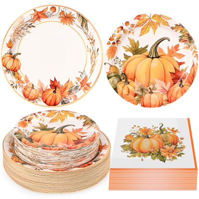150Pcs Thanksgiving Fall Pumpkin Paper Plates and Napkins Fall Party Supplies Watercolor Pumpkin Maple Disposable Plates Autumn Plates for Fall Decor Thanksgiving Party Supplies,Serve 50 Guests