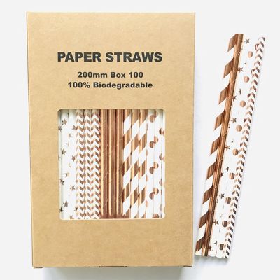 100 pcs Metallic Foil Paper Straws, Rose Gold Silver Red Pink Blue Green Stripe Dot Star Heart Wave Solid Rainbow Drinking Straws, Party Cocktail Beverage Cake Pop Sticks (Rose Gold Foil)