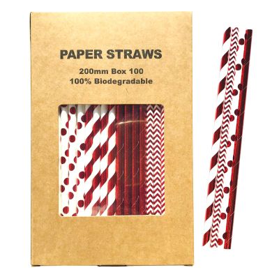 100 pcs Metallic Foil Paper Straws, Rose Gold Silver Red Pink Blue Green Stripe Dot Star Heart Wave Solid Rainbow Drinking Straws, Party Cocktail Beverage Cake Pop Sticks (Red Foil)