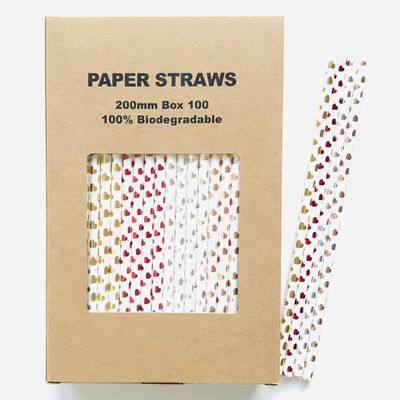 100 pcs Metallic Foil Paper Straws, Rose Gold Silver Red Pink Blue Green Stripe Dot Star Heart Wave Solid Rainbow Drinking Straws, Party Cocktail Beverage Cake Pop Sticks (Metallic Foil Heart)