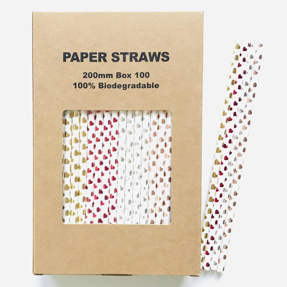 100 pcs Metallic Foil Paper Straws, Rose Gold Silver Red Pink Blue Green Stripe Dot Star Heart Wave Solid Rainbow Drinking Straws, Party Cocktail Beverage Cake Pop Sticks (Metallic Foil Heart)