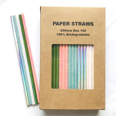 100 pcs Metallic Foil Paper Straws, Rose Gold Silver Red Pink Blue Green Stripe Dot Star Heart Wave Solid Rainbow Drinking Straws, Party Cocktail Beverage Cake Pop Sticks (Iridescent)
