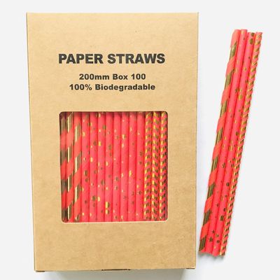 100 pcs Metallic Foil Paper Straws, Rose Gold Silver Red Pink Blue Green Stripe Dot Star Heart Wave Solid Rainbow Drinking Straws, Party Cocktail Beverage Cake Pop Sticks (Red Gold Foil)