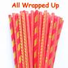 100 pcs Metallic Foil Paper Straws, Rose Gold Silver Red Pink Blue Green Stripe Dot Star Heart Wave Solid Rainbow Drinking Straws, Party Cocktail Beverage Cake Pop Sticks (Red Gold Foil) view 2