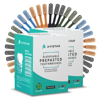 Avistar 160 Prepasted Disposable Toothbrushes Individually Wrapped - Single Use Pre Pasted Disposable Toothbrushes with Toothpaste Built in - Waterless Toothbrush for Travel, Guests, Hotel, & Camping