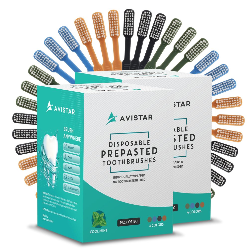 Avistar 160 Prepasted Disposable Toothbrushes Individually Wrapped - Single Use Pre Pasted Disposable Toothbrushes with Toothpaste Built in - Waterless Toothbrush for Travel, Guests, Hotel, & Camping