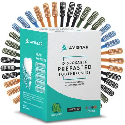 Avistar 80 Prepasted Disposable Toothbrushes Individually Wrapped - Single Use Pre Pasted Disposable Toothbrushes with Toothpaste Built in - Waterless Toothbrush for Travel, Guests, Hotel, & Camping