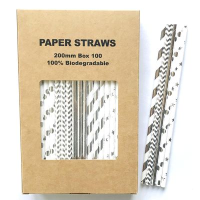 100 pcs Metallic Foil Paper Straws, Rose Gold Silver Red Pink Blue Green Stripe Dot Star Heart Wave Solid Rainbow Drinking Straws, Party Cocktail Beverage Cake Pop Sticks (Silver Foil)