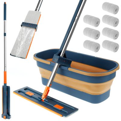 Abizarch Mop and Foldable Bucket Set 360 Rotating Microfiber Mop Hands-Free Flat Floor Mop with Dewatering Scraper and 7 Mop Pads Dry and Wet Dust Mop Collapsible Bucket and Cleaning Mop Kit