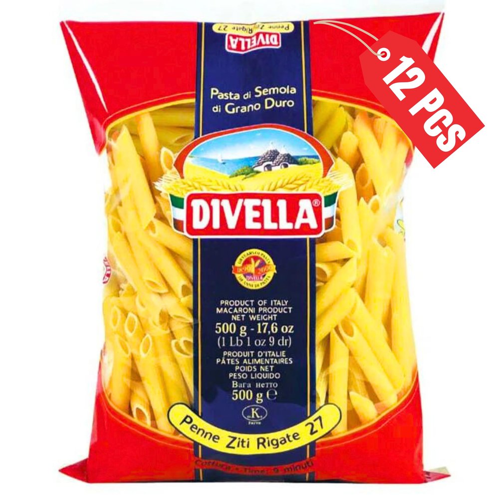 DIVELLA Penne Rigate #27, 16 Oz. (Pack of 12) - Authentic Italian Pasta Made with Durum Wheat Semolina, Perfect 'Al Dente' Texture for Every Dish