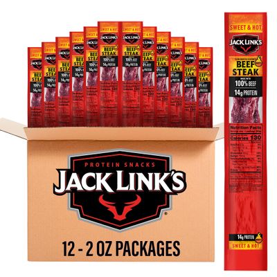 Jack Link's Beef Steak, Sweet & Hot - Protein Snacks, Meat Snack with 14g of Protein, Made with 100% Beef, Individually Wrapped Bulk Snack Pack - 2 Oz. (12 Count)