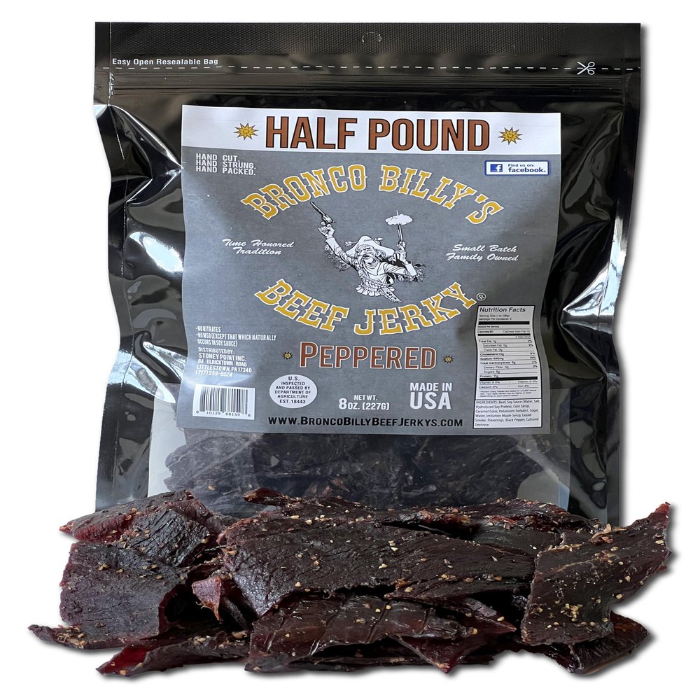 Bronco Billy's Beef Jerky Maple Peppered Half Pound Resealable Bag, Made in USA with USDA Beef, Real Maple Syrup, Cracked Black Pepper