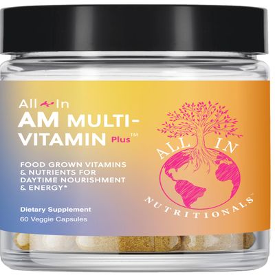 All In Nutritionals AM Multi-Vitamin +: Vegan, Food-Based Multivitamin with Vitamin D3, K2, B12, Iron, and Ionic Fulvic Acid
