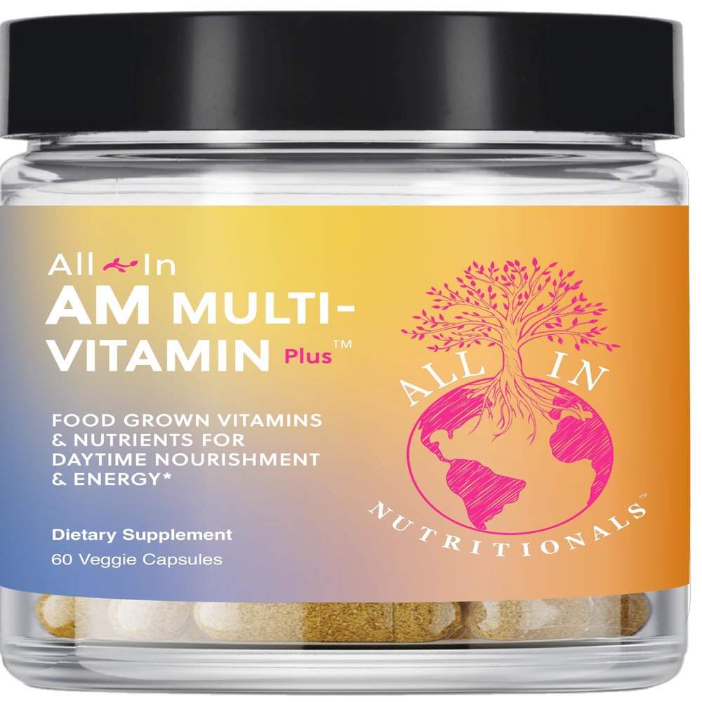 All In Nutritionals AM Multi-Vitamin +: Vegan, Food-Based Multivitamin with Vitamin D3, K2, B12, Iron, and Ionic Fulvic Acid