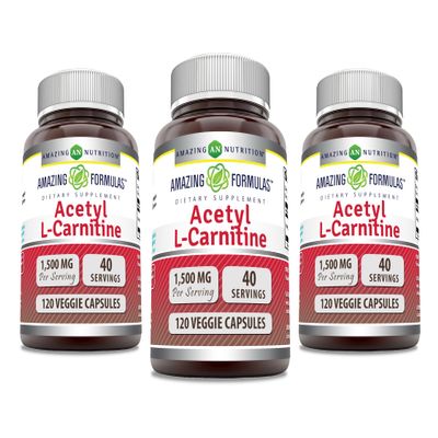 Amazing Formulas Acetyl L-Carnitine Hcl 1500 mg Per Serving Veggie Capsules Supplement | Non-GMO | Gluten Free | Made in USA | Suitable for Vegetarians (Pack of 3 | 120 Count)