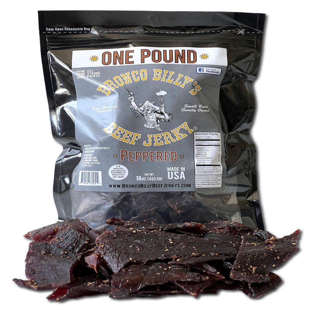 Bronco Billy's Beef Jerky Maple Peppered One Pound Resealable Bag, Made in USA with USDA Beef, Real Maple Syrup, Cracked Black Pepper