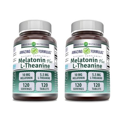 Amazing Formulas Melatonin 10 Mg Plus L-Theanine 5.5 Mg Supplement | Tablets | Non-GMO | Gluten Free | Made in USA | (120 Tablets, Pack of 2)