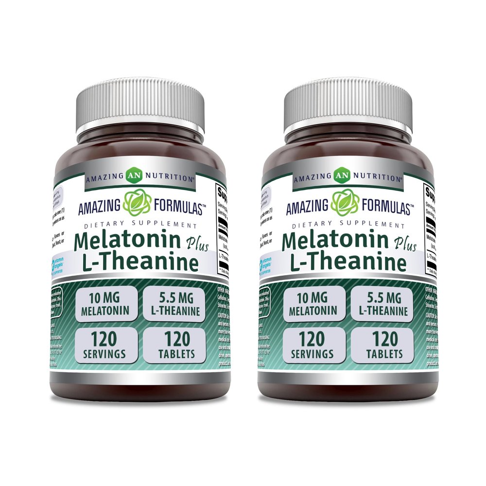 Amazing Formulas Melatonin 10 Mg Plus L-Theanine 5.5 Mg Supplement | Tablets | Non-GMO | Gluten Free | Made in USA | (120 Tablets, Pack of 2)