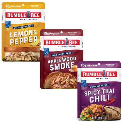 Bumble Bee Seasoned Tuna Pouch Bold Flavors Trio (3 Total Pouches) - Lemon & Pepper Tuna, Applewood Smoke Tuna, and Spicy Thai Chili Tuna - Ready to Eat 2.5 oz Packets