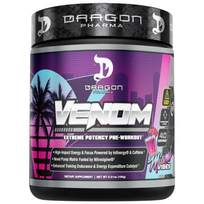 DRAGON PHARMA Venom Extreme Potency Pre-Workout, Laser Sharp Focus + Energy, Intense Performance, Proven Ingredients for Enhanced Vasodilation & Endurance (40 Servings, Miami Vibes)