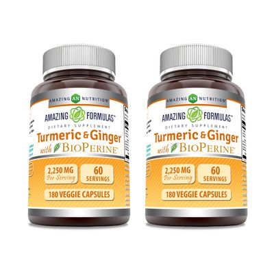 Amazing Formulas Turmeric Curcumin & Ginger with BioPerine 2250 mg Per Serving Veggie Capsules | Non-GMO | Gluten Free | Made in USA | Ideal for Vegetarians (2 Pack | 180 Count)