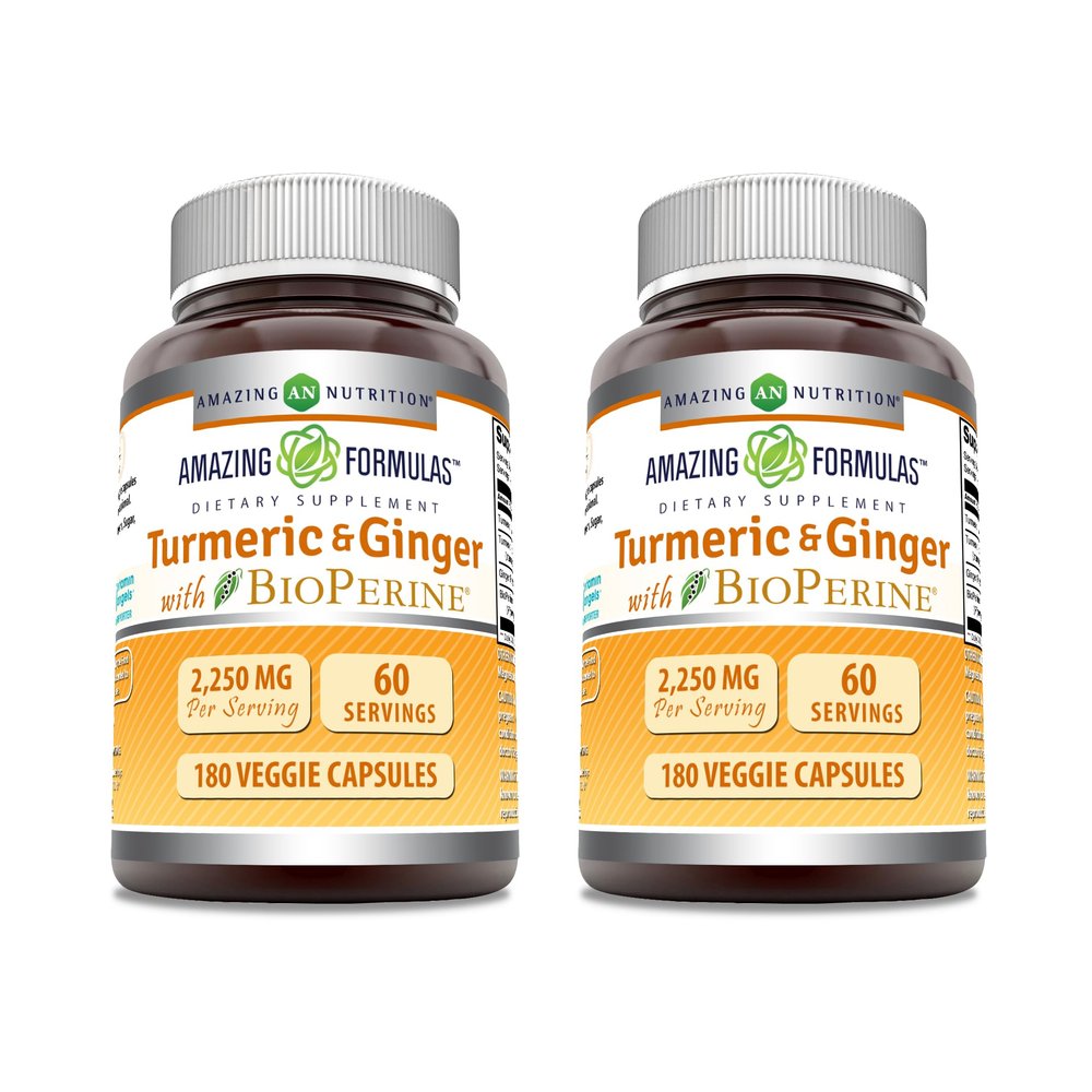 Amazing Formulas Turmeric Curcumin & Ginger with BioPerine 2250 mg Per Serving Veggie Capsules | Non-GMO | Gluten Free | Made in USA | Ideal for Vegetarians (2 Pack | 180 Count)