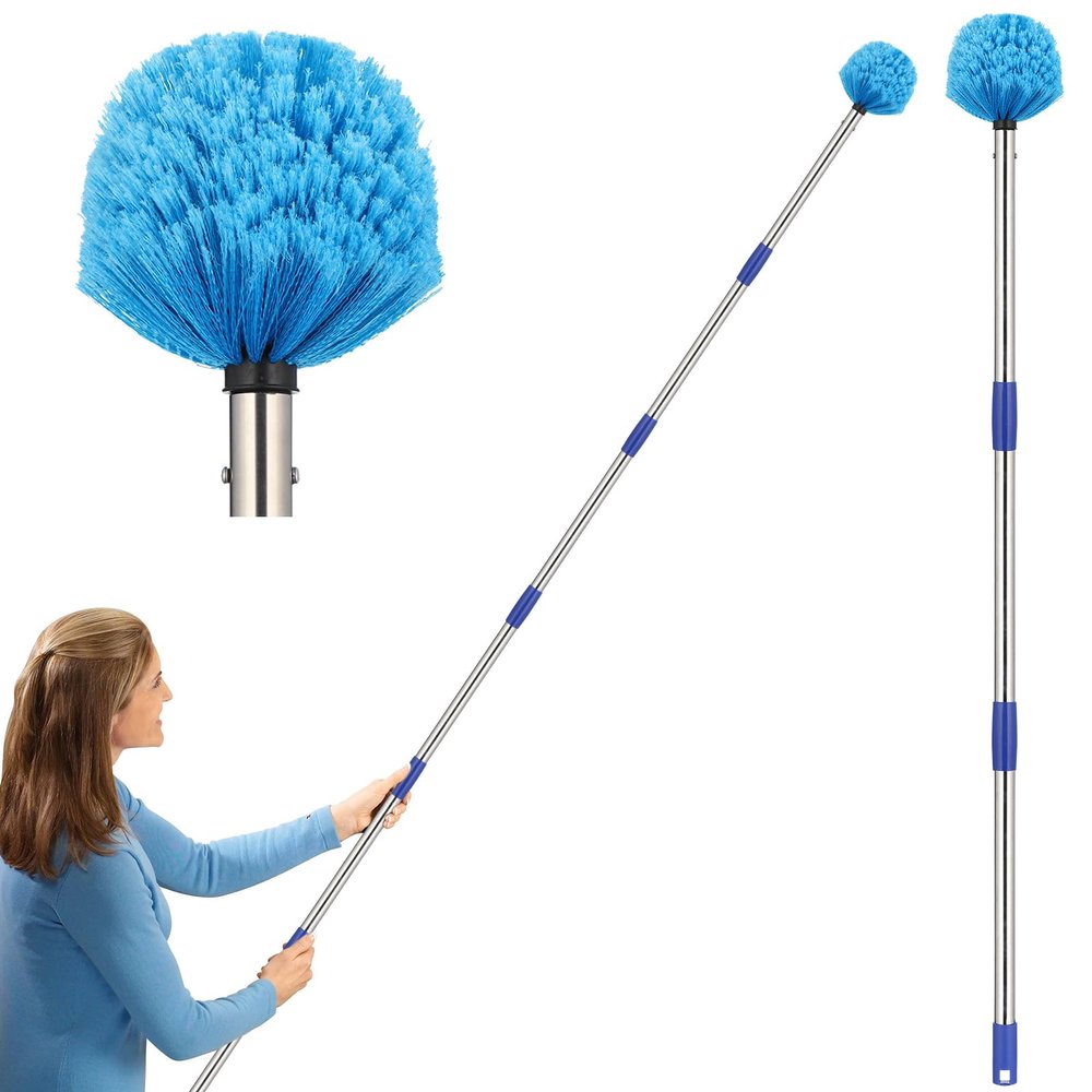Cobweb Duster with Extension Pole, 10 ft Spider Web Brush for Outdoor House Cleaning, Cob Web Remover for High Ceilings Fans, Medium-Stiff Bristles Head, Adjustable Long Handle, Lightweight Cleaner