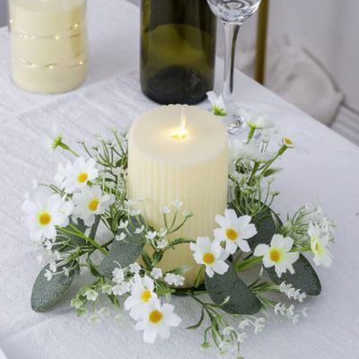 2 Pcs Artificial Daisy Candle Rings Eucalyptus Leaves Wreaths Small Boho Wreath Pillar Candle Holder for Summer Wedding Home Door Tabletop Decoration (White)