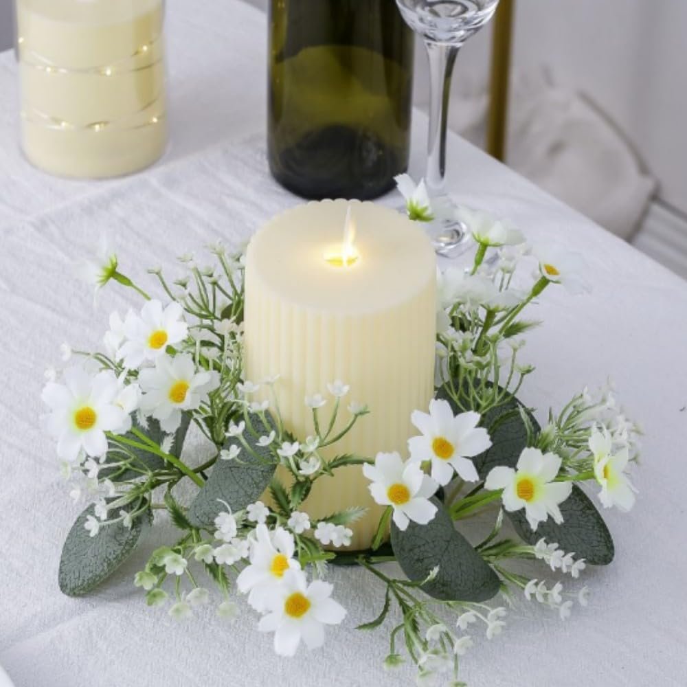 2 Pcs Artificial Daisy Candle Rings Eucalyptus Leaves Wreaths Small Boho Wreath Pillar Candle Holder for Summer Wedding Home Door Tabletop Decoration (White)